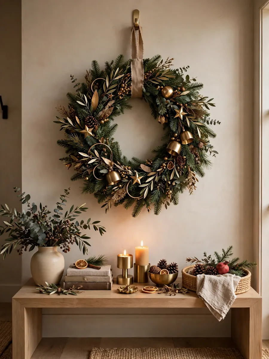 Brushed brass accents on a 30 inch Christmas wreath above an entryway table display
