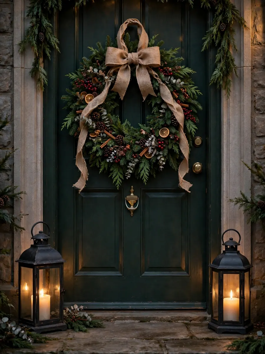 Natural burlap bow and candle lanterns beside a 30 inch Christmas wreath on a front door