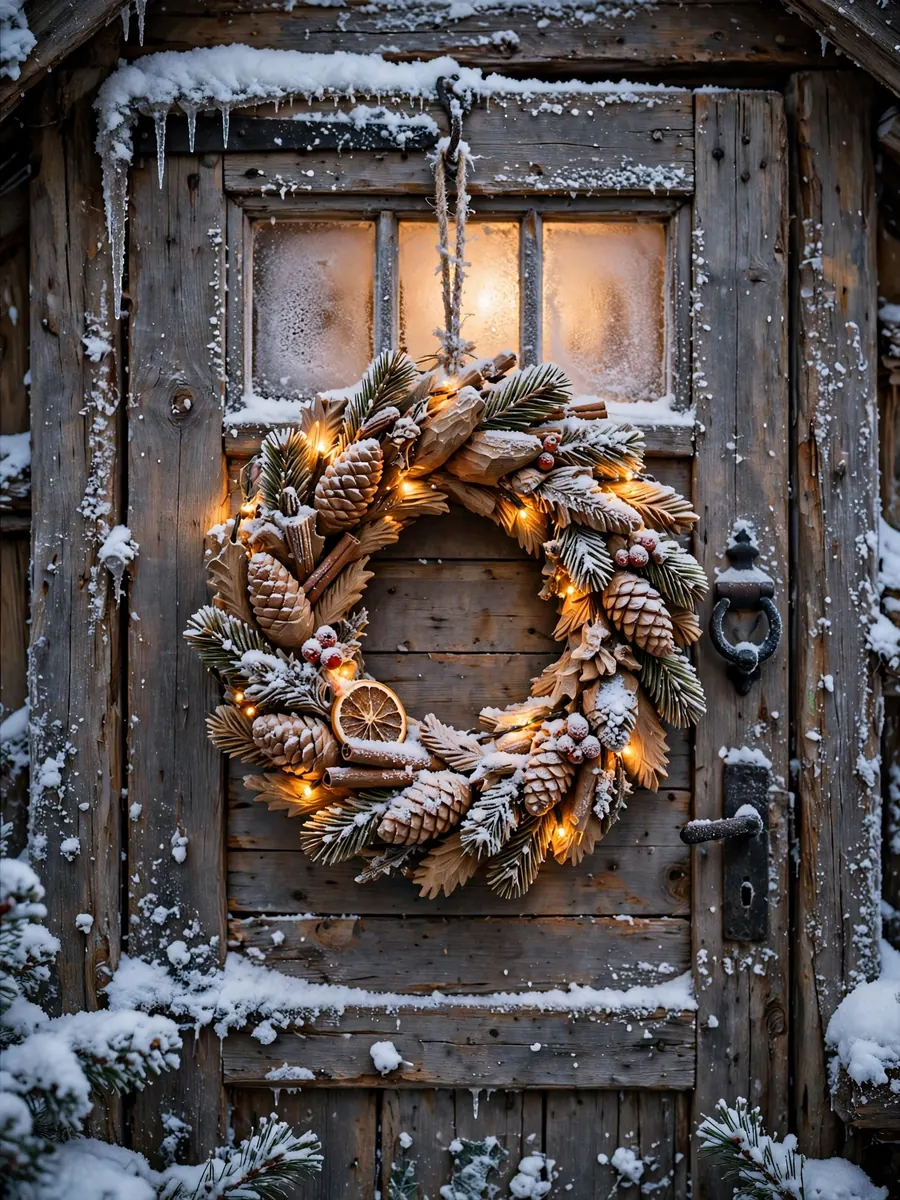 Carved pine 30 inch Christmas wreath on a wooden cottage door with snow