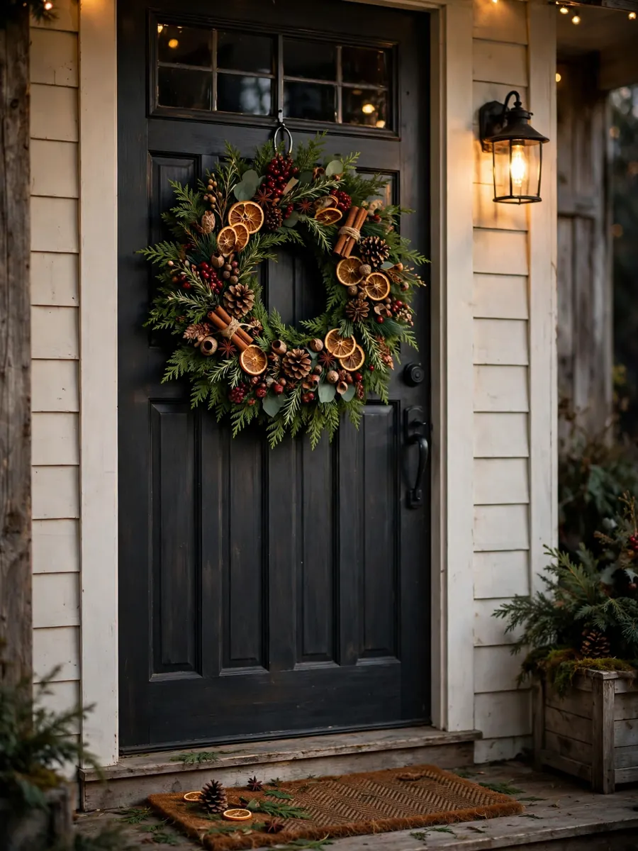 Fresh cedar and spice cluster 30 inch Christmas wreath on a farmhouse front door