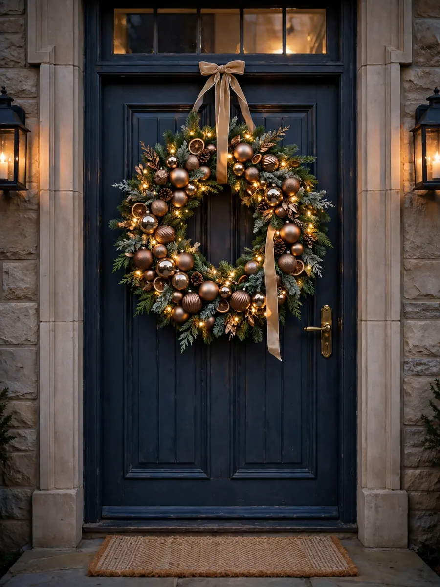 30 inch Christmas wreath with champagne bronze ornaments and fairy lights on an elegant door