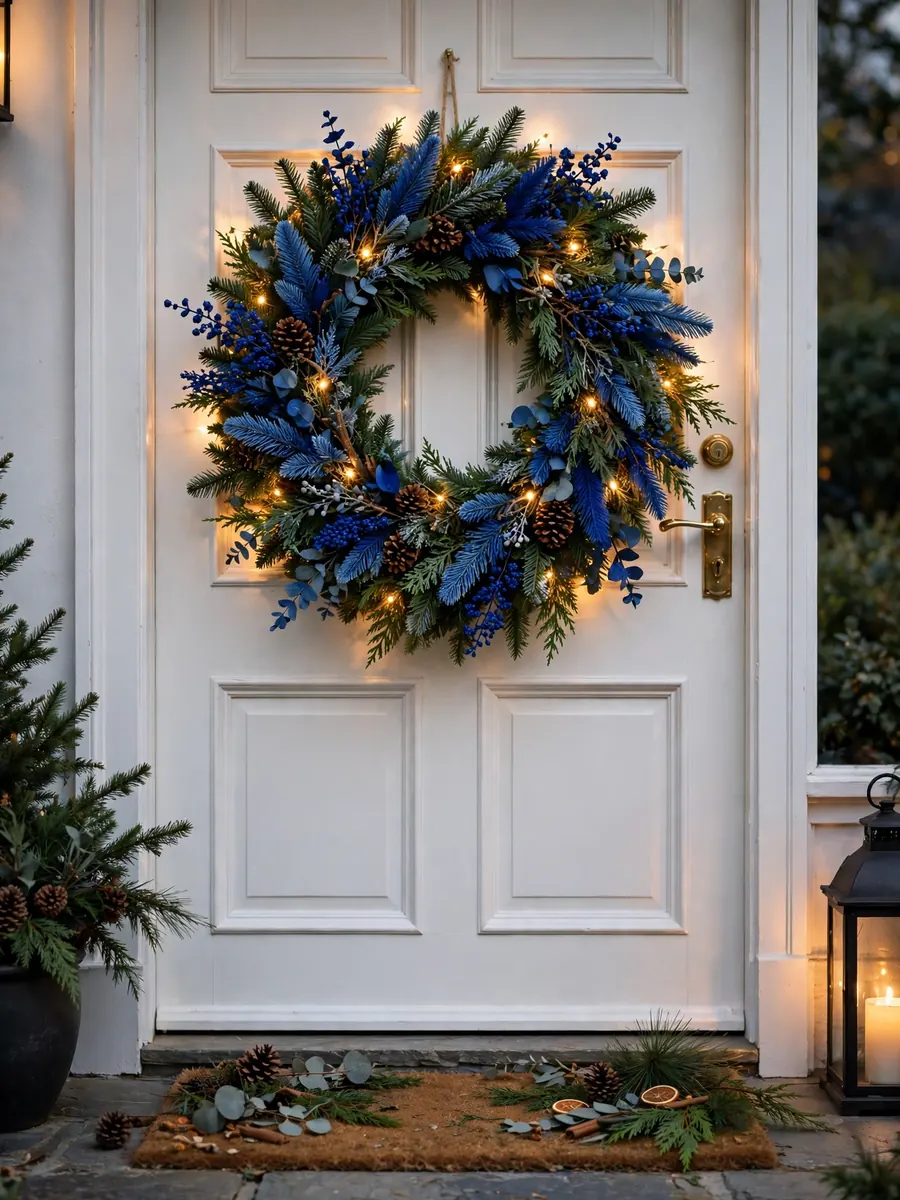 30 inch Christmas wreath with cobalt blue bough accents on a white front door