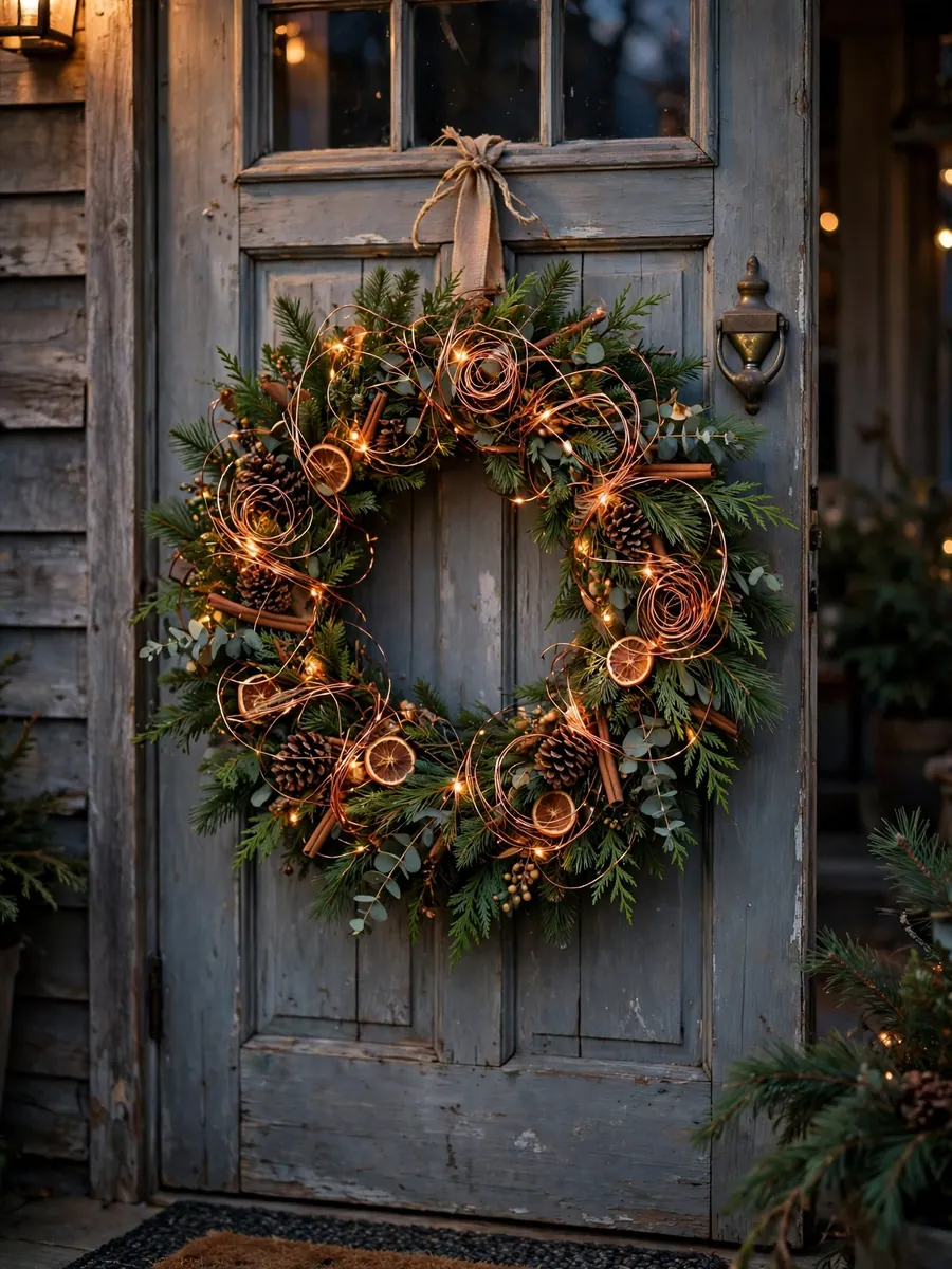 Spun copper garland on a 30 inch Christmas wreath hanging on a rustic porch door