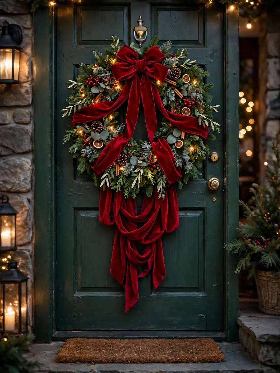 30 inch Christmas wreath with crimson velvet ribbon tiers on a dark green front door
