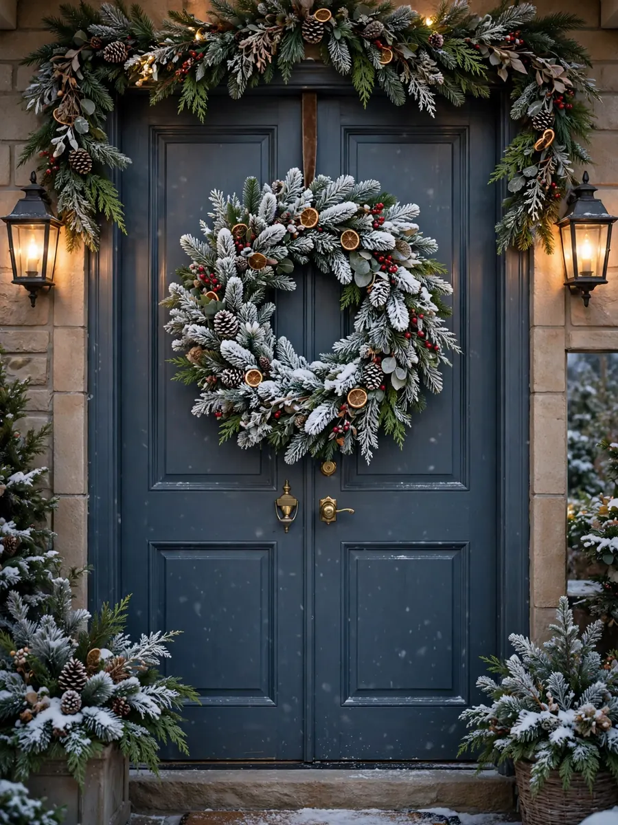 Snowy flocked 30 inch Christmas wreath on paneled double doors with winter greenery
