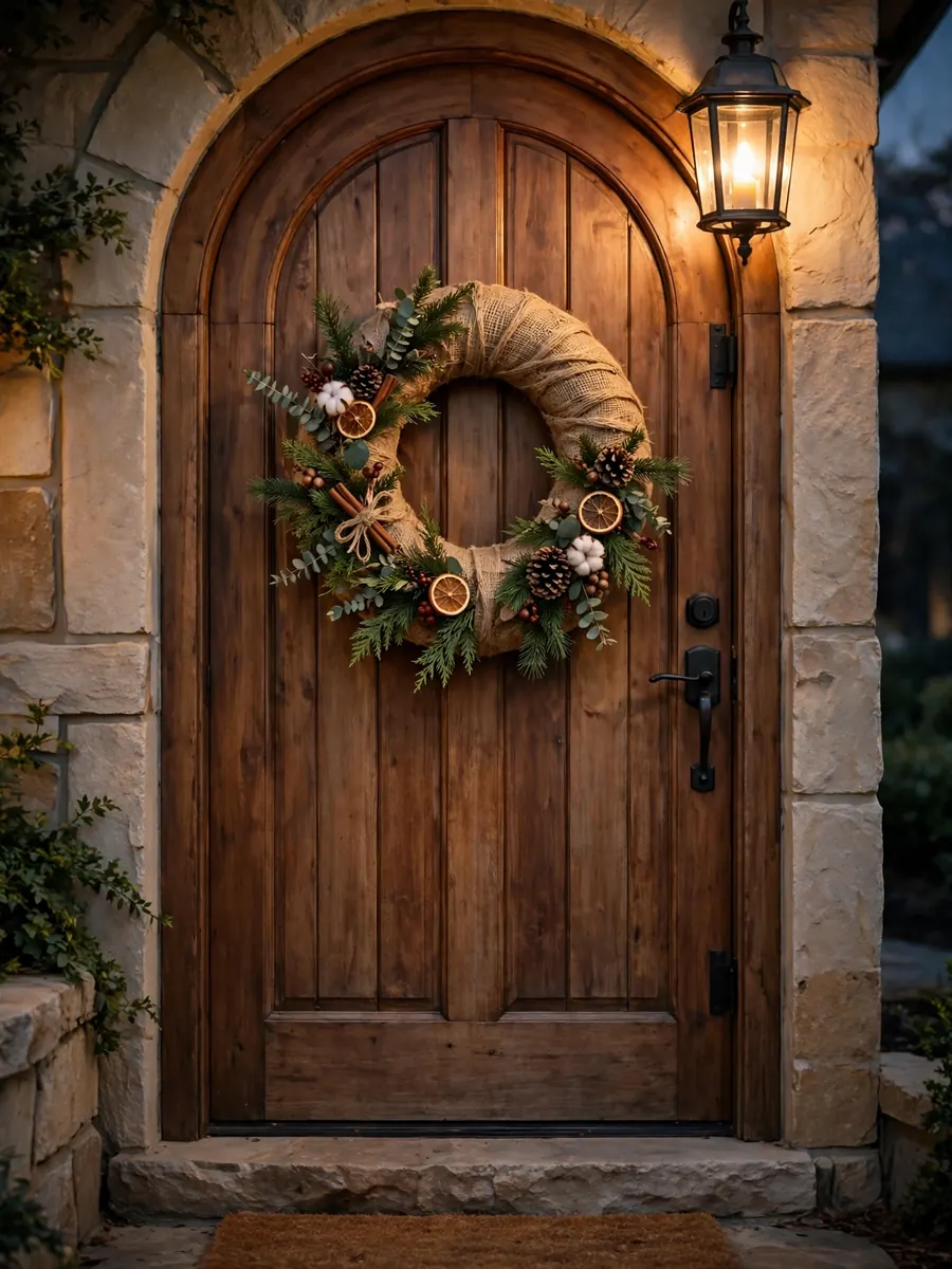 Natural jute 30 inch Christmas wreath on an arched wooden front door with warm lantern light