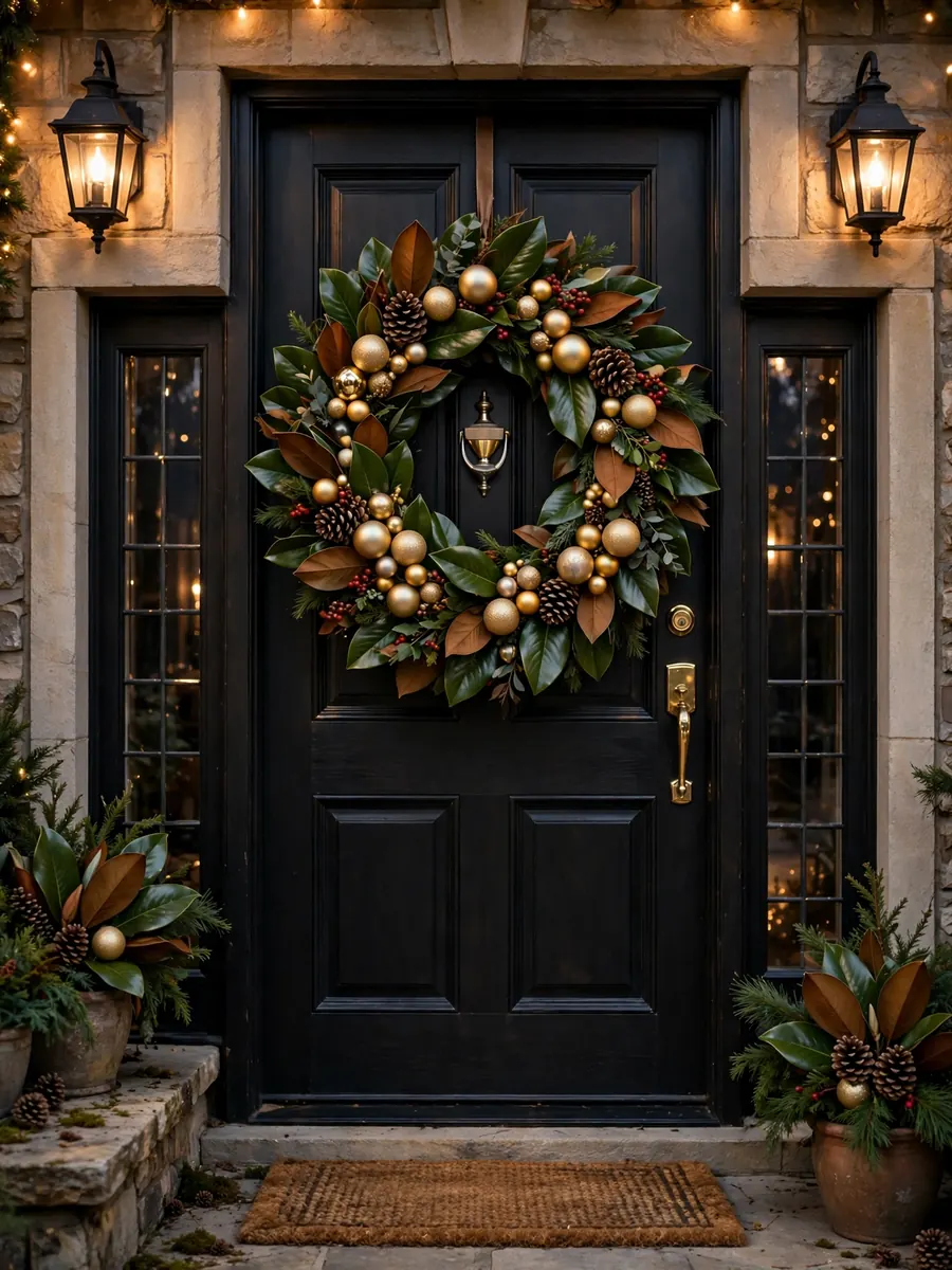 Magnolia leaf and sphere ornament 30 inch Christmas wreath on an elegant front door