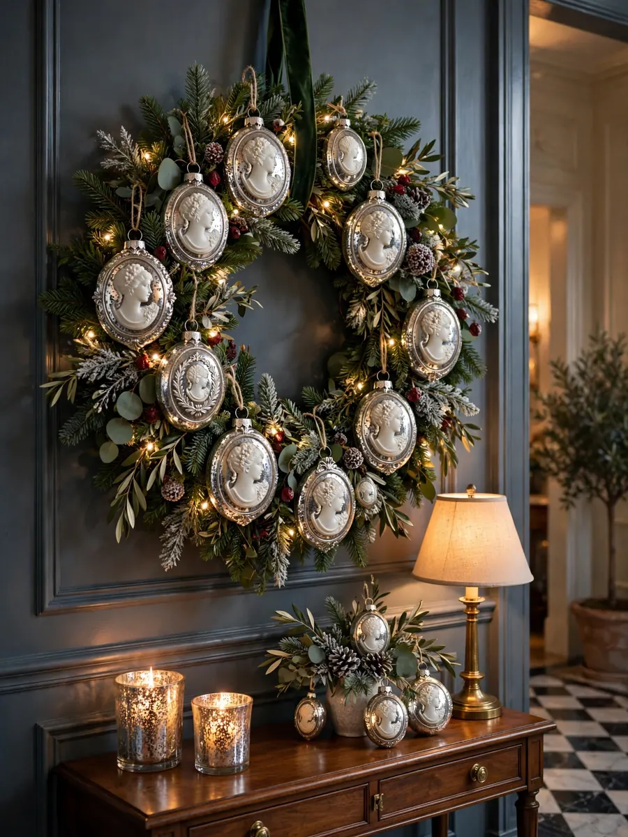 Mercury glass cameo ornaments on a 30 inch Christmas wreath in an elegant entryway