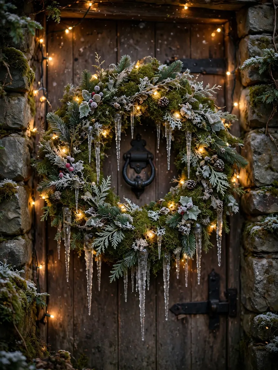 Botanical moss and icicle 30 inch Christmas wreath on a stone cottage door