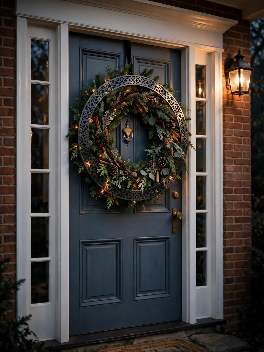 Pierced metal border accents on a 30 inch Christmas wreath on a classic front door
