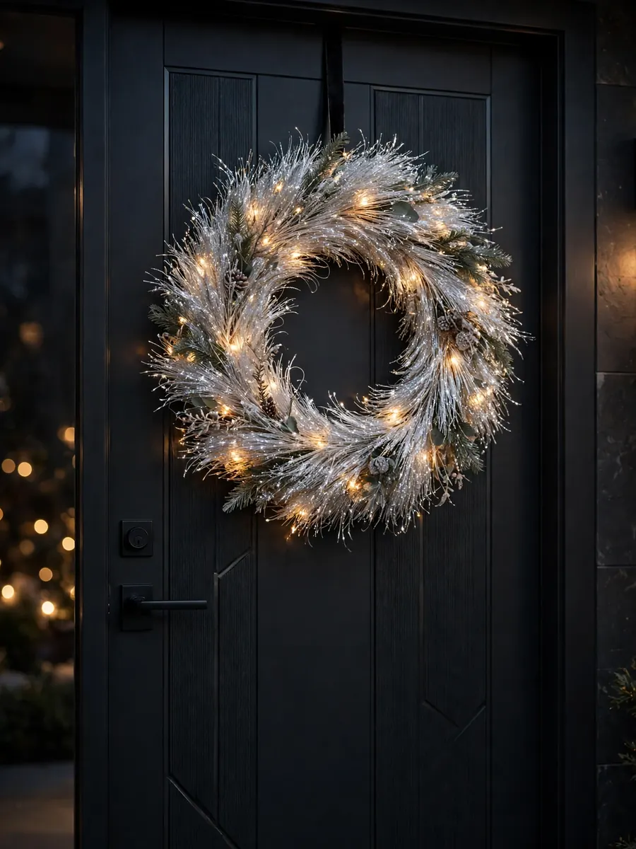 Shimmering platinum filament 30 inch Christmas wreath on a modern black front door
