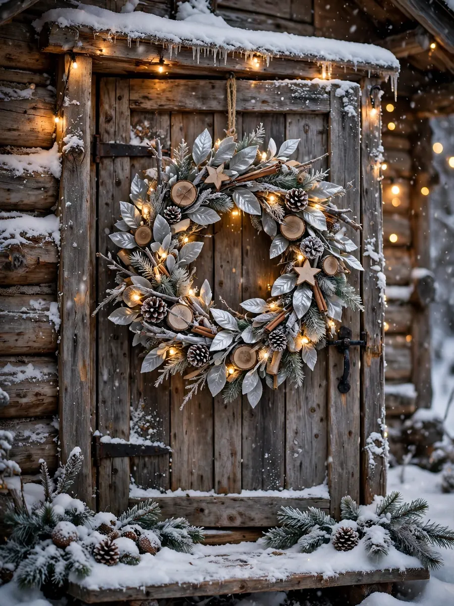 Silver leaf and wood 30 inch Christmas wreath on a rustic cabin door with snow