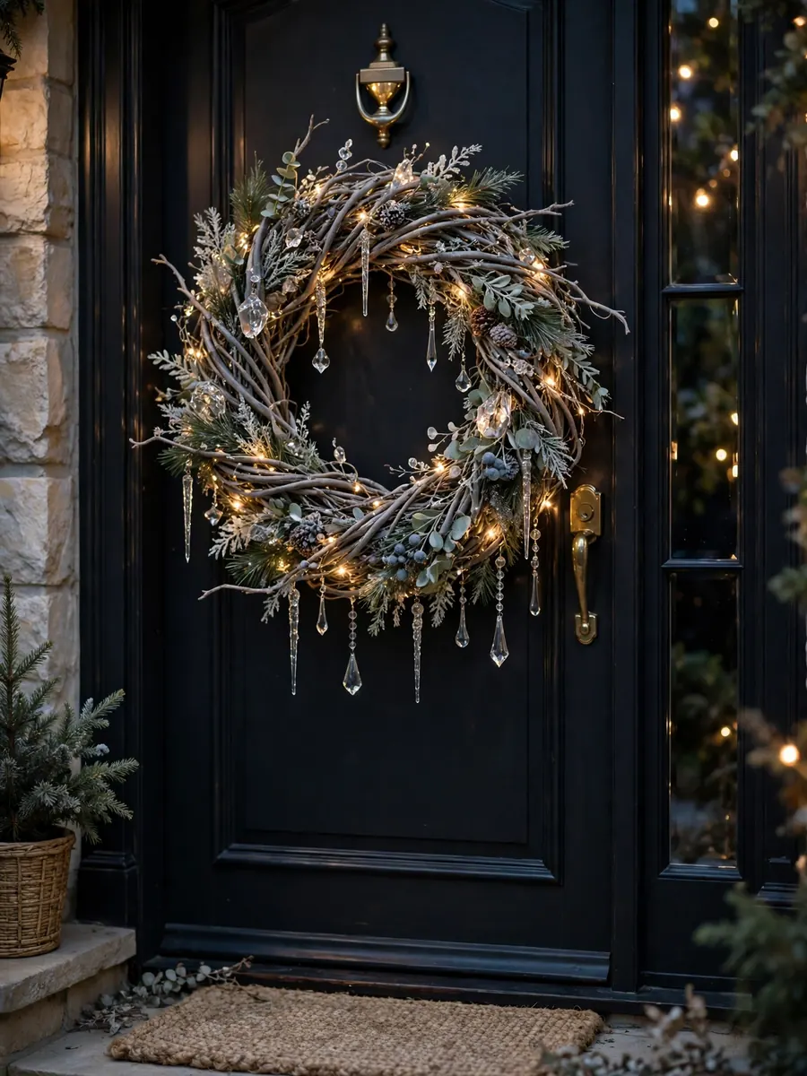 Twisted willow and crystal 30 inch Christmas wreath on an elegant entryway door