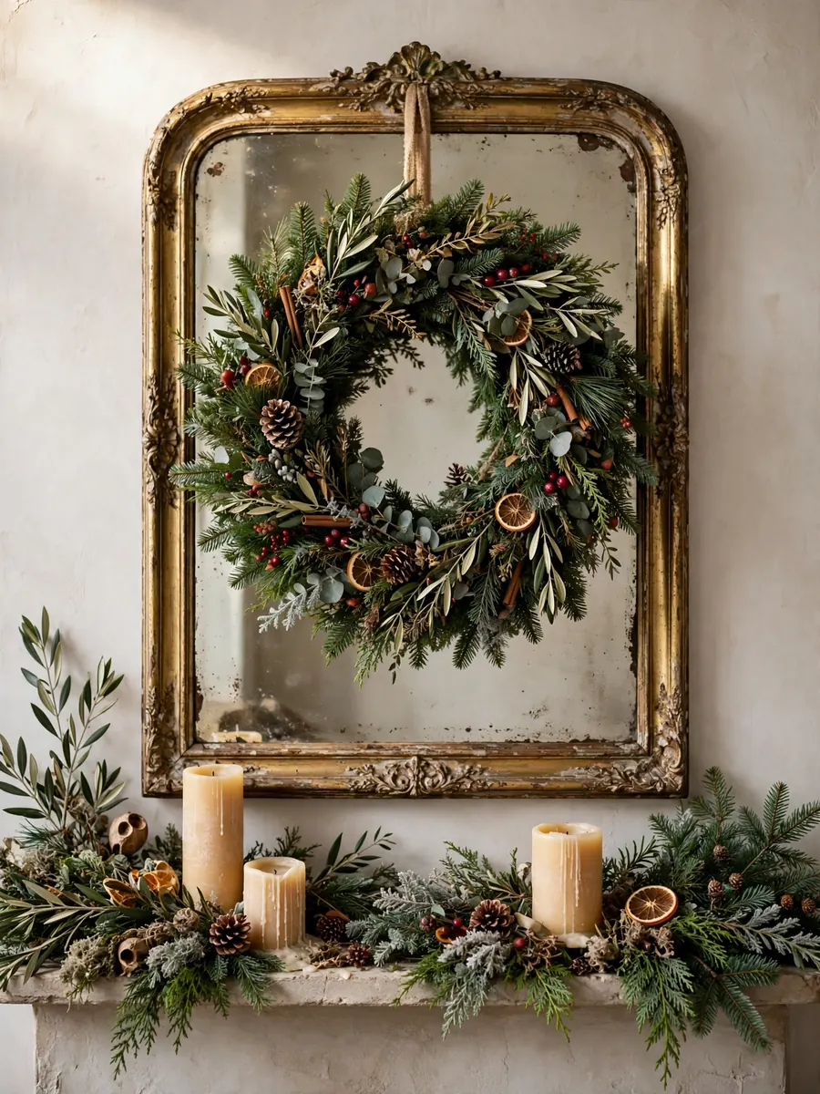 A large Christmas wreath hanging on an antique mirror on a wall, with candles and greenery around it
