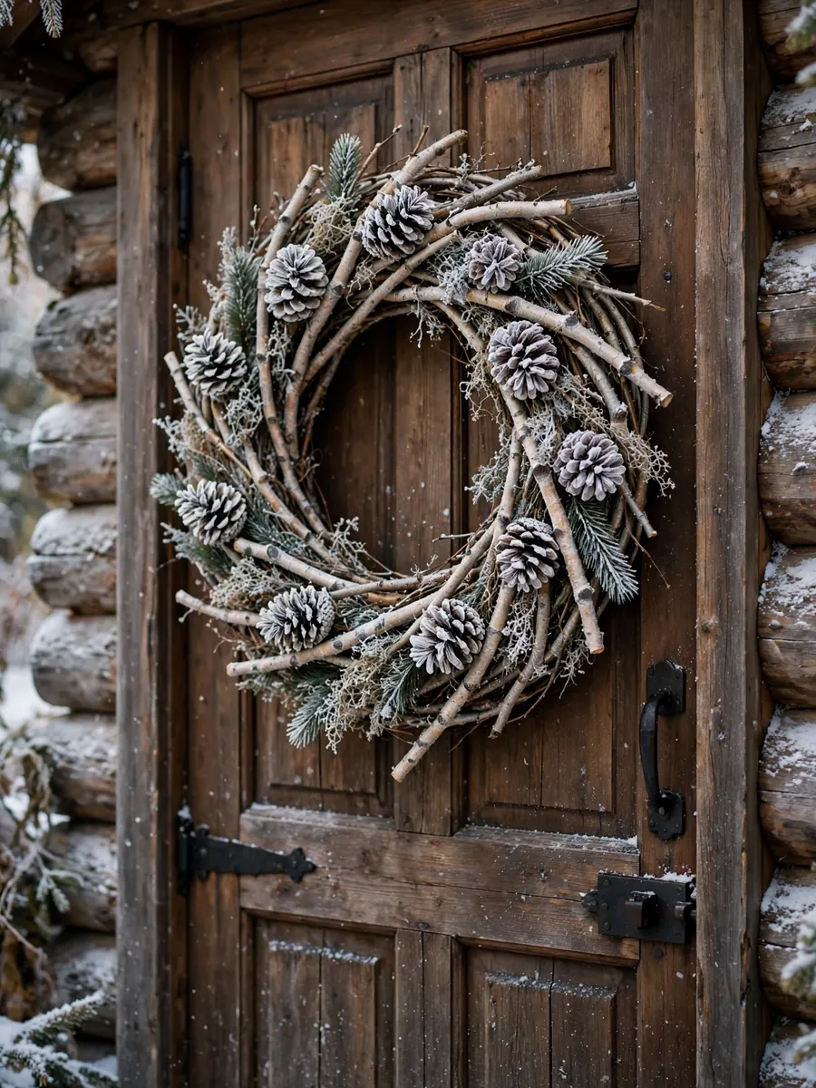 A large Christmas wreath made with birch twigs and frosted pinecones on a cabin style door