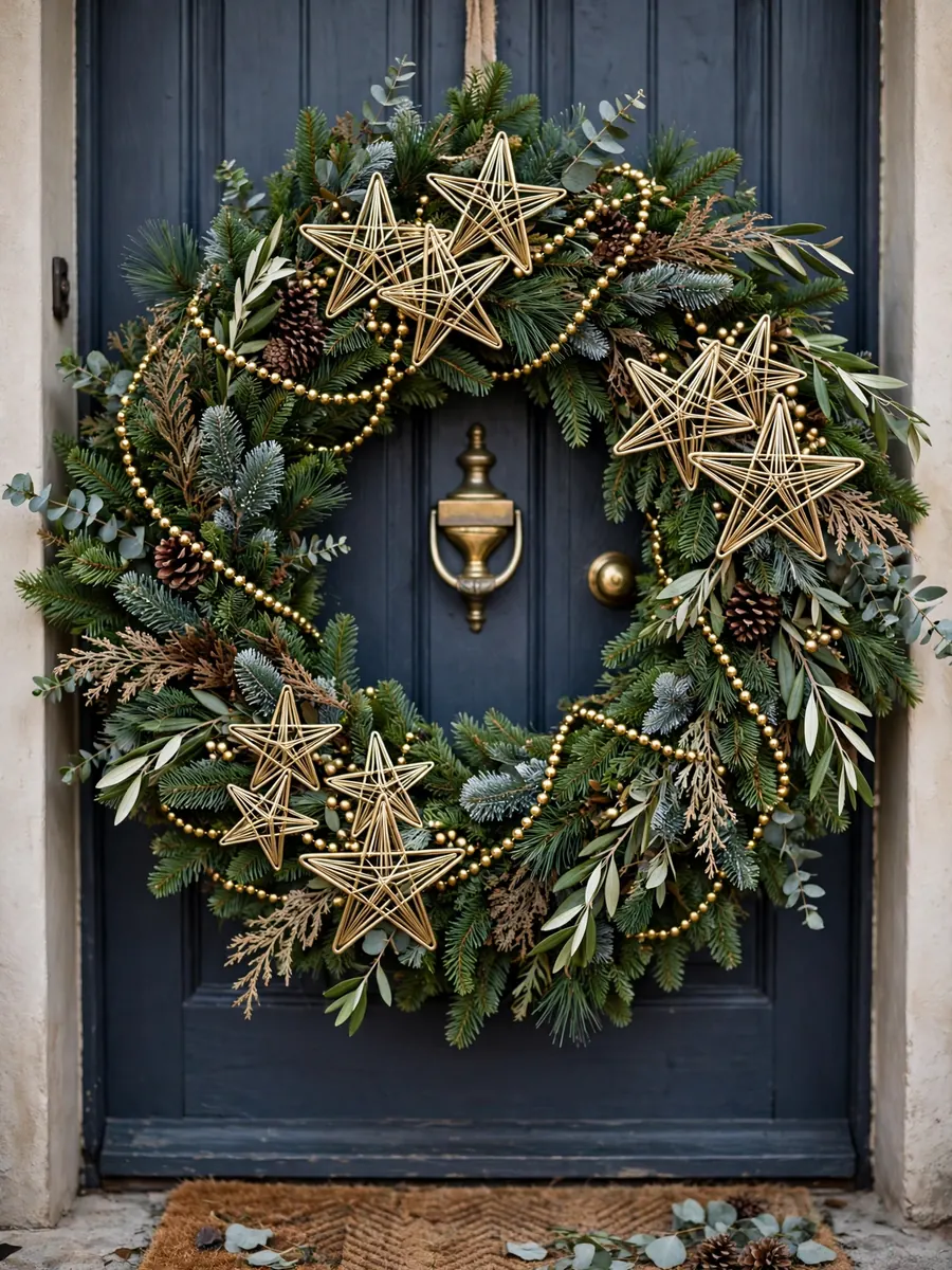 A large Christmas wreath with brushed brass wire star clusters and gold bead garland on a door