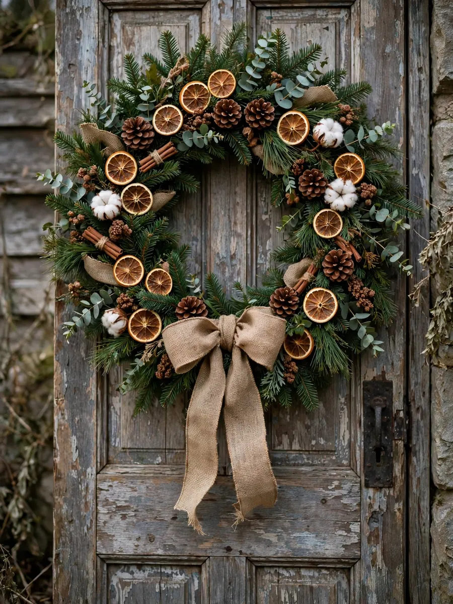 A large Christmas wreath of natural branches with burlap ribbon and dried orange slices on a rustic door