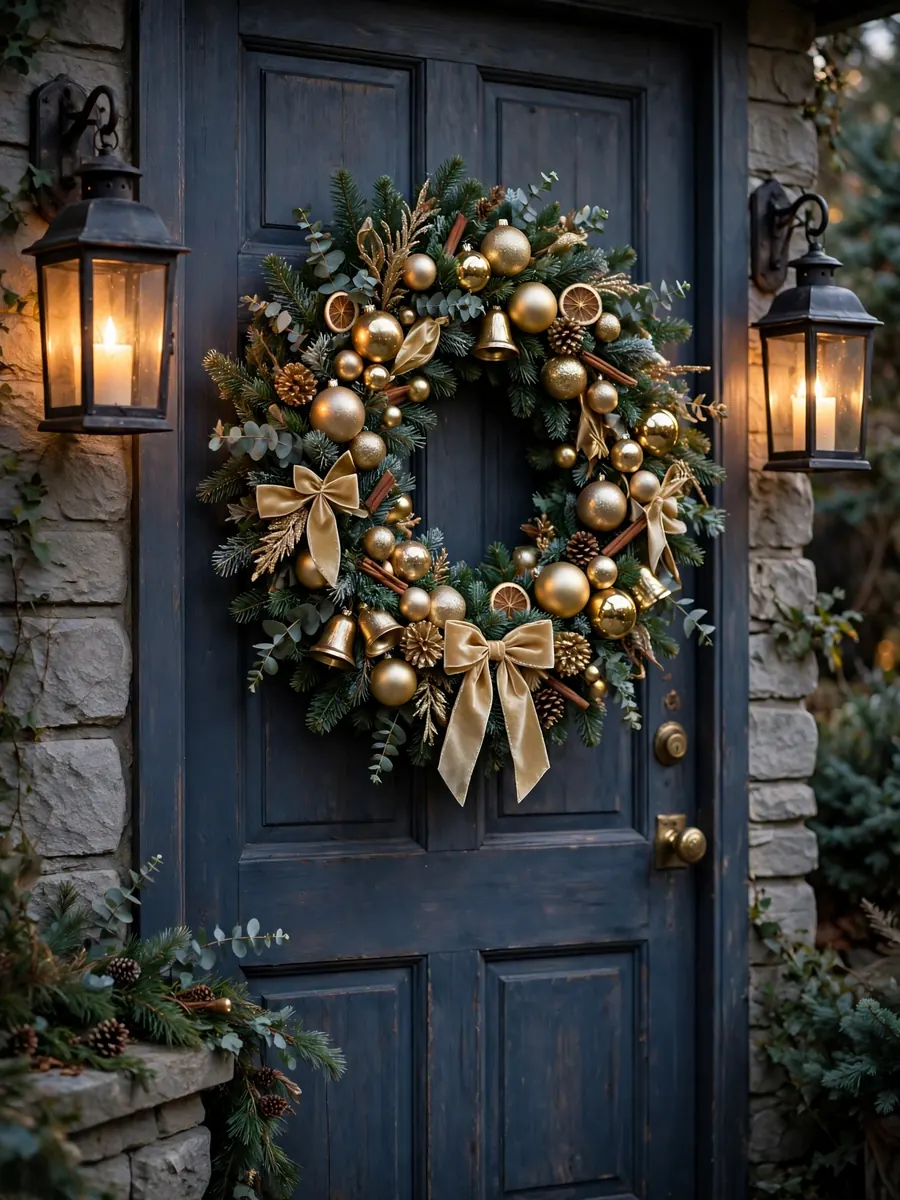 A large Christmas wreath with champagne gold ornaments on a door flanked by glowing lanterns