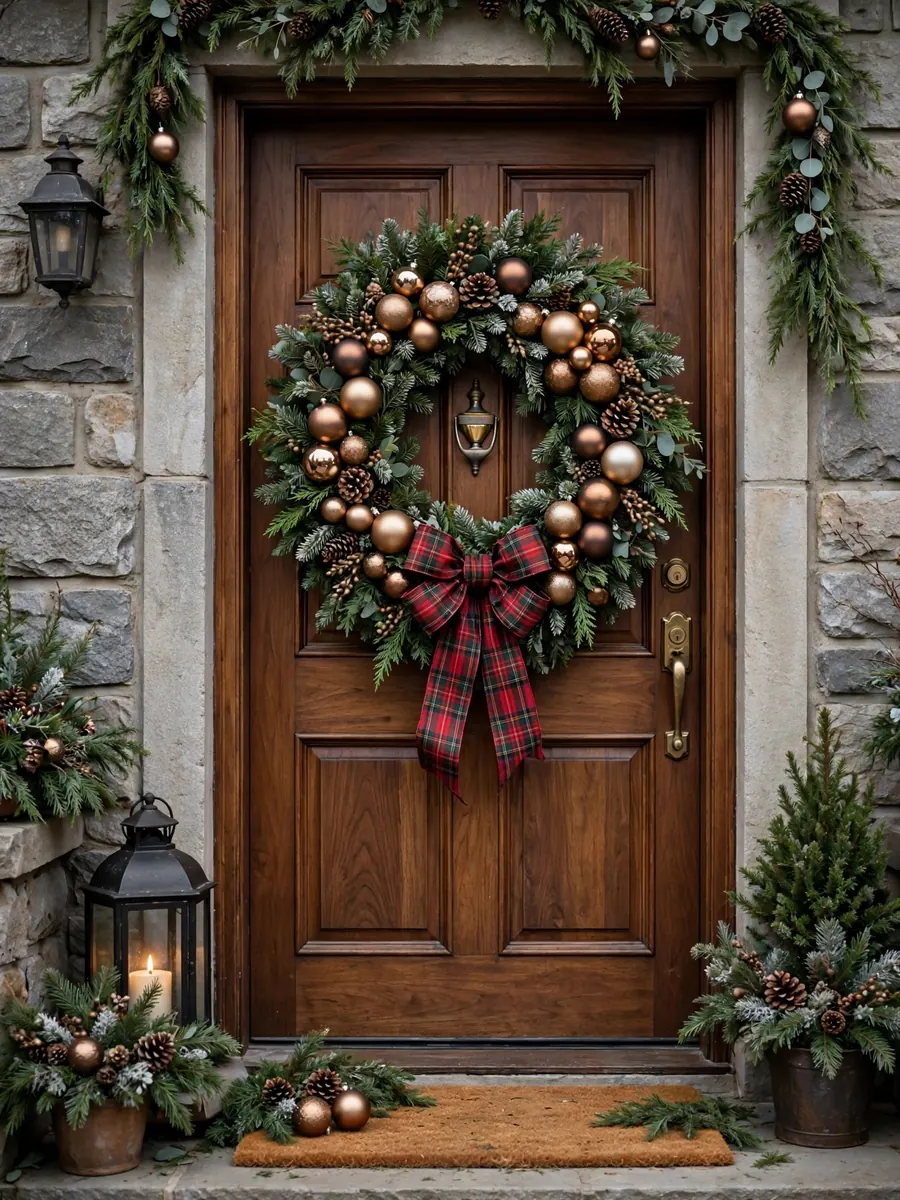 A large Christmas wreath with champagne bronze ornaments and a tartan plaid bow on a front door