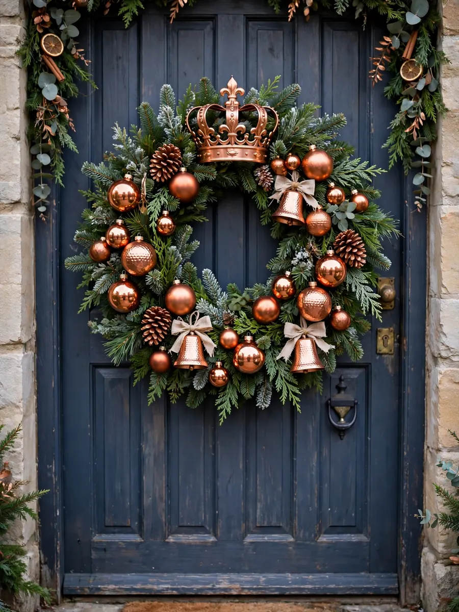 A large Christmas wreath decorated with polished copper ornaments and a copper crown accent on a front door