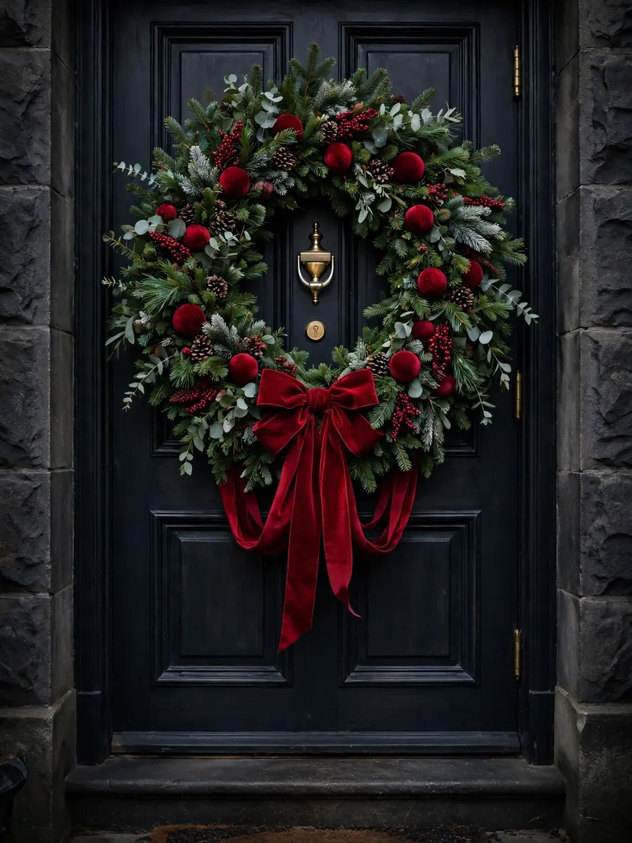 A large Christmas wreath with crimson velvet ribbon and red velvet ornaments on a dark elegant door
