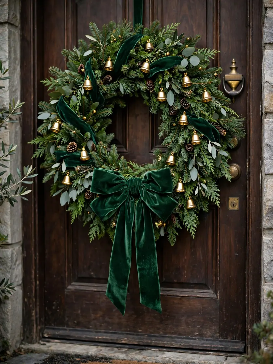 A large Christmas wreath with emerald green velvet ribbon and small gold bell ornaments on a door