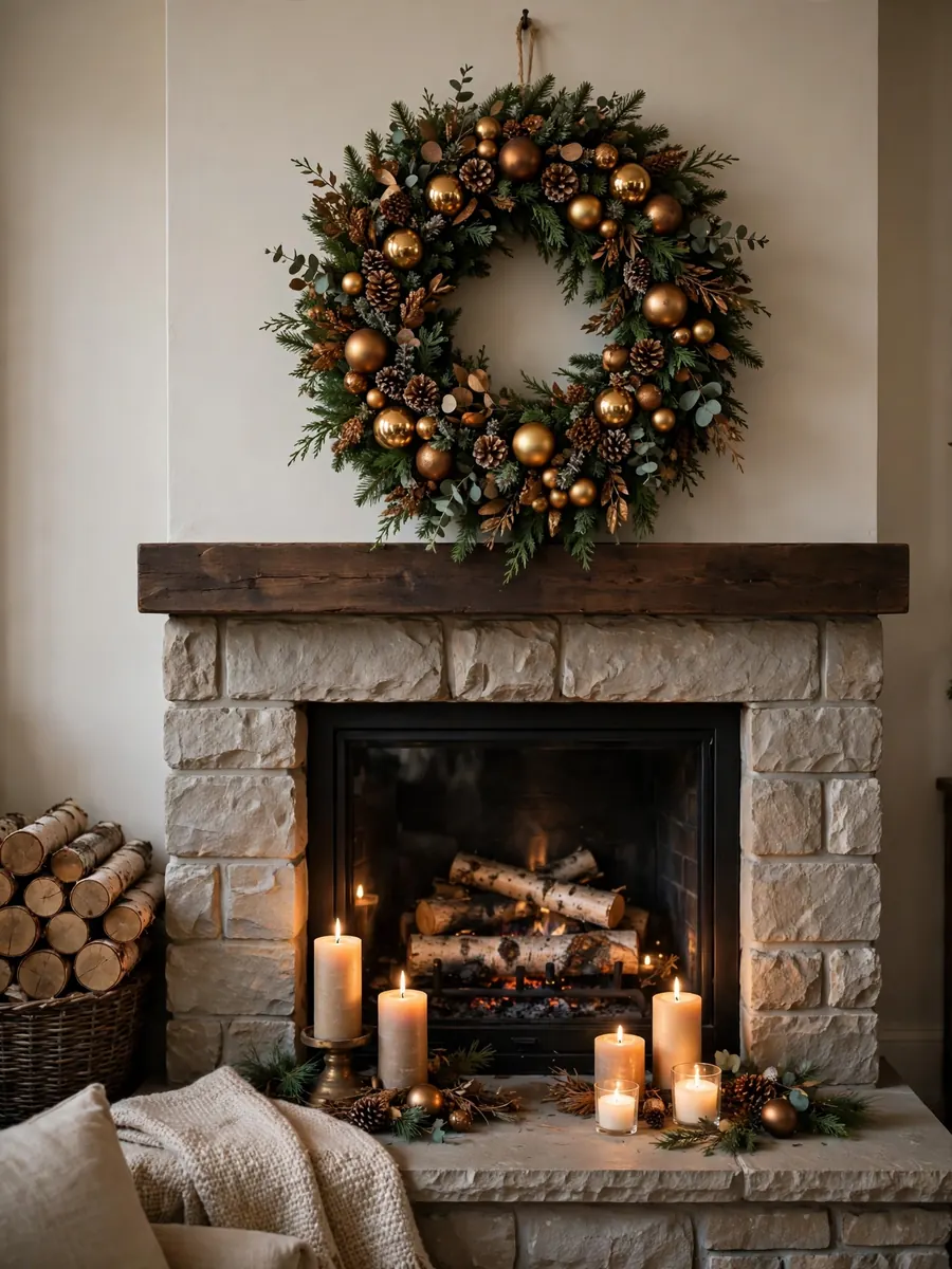 A large Christmas wreath with golden bronze ornaments hung above a fireplace hearth with candles