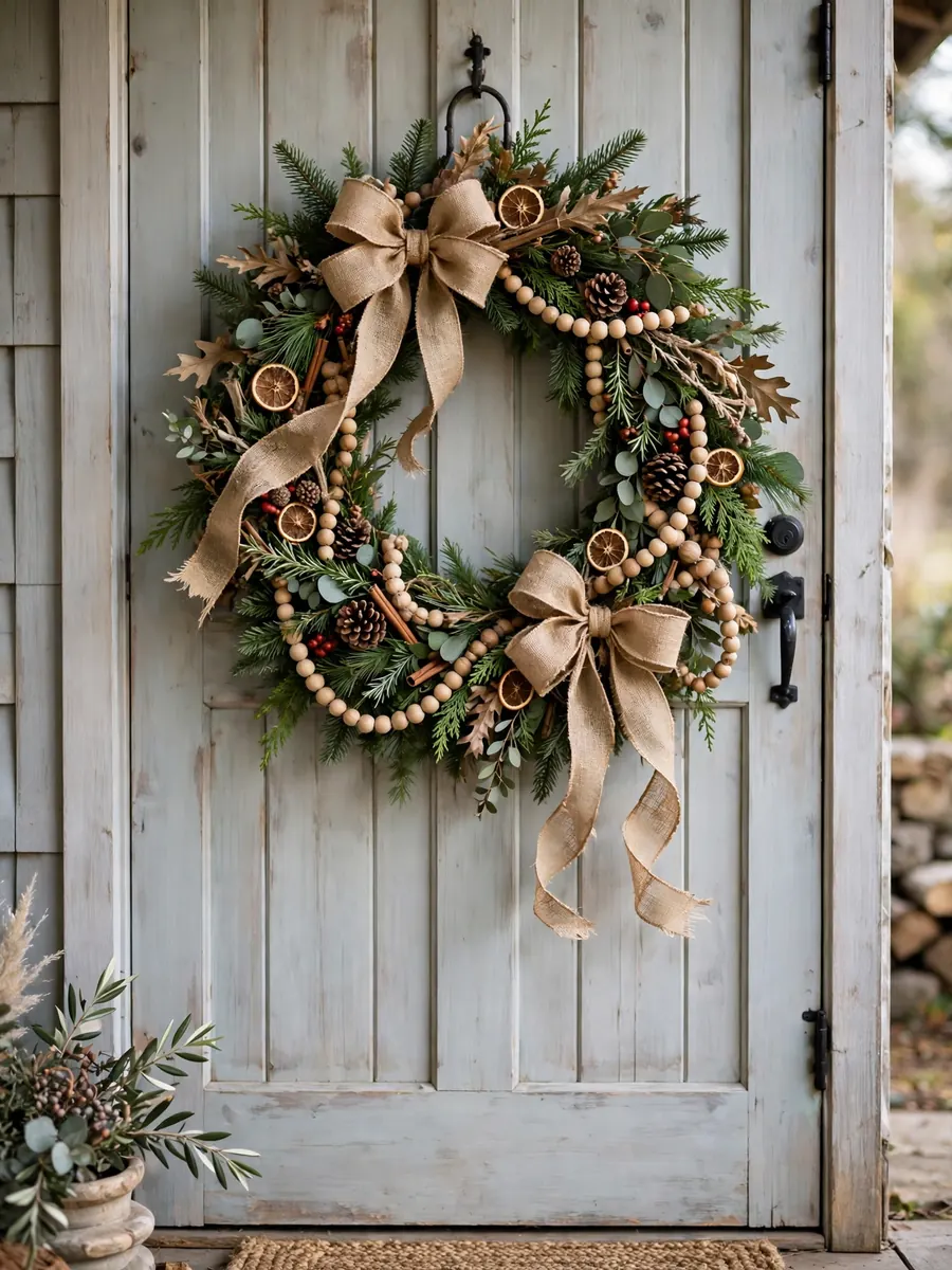 A large natural Christmas wreath with jute ribbon bows and wooden bead accents on a farmhouse door
