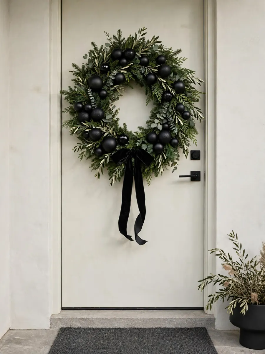 A large Christmas wreath with matte black ornaments and black ribbon on a light door, modern contrast