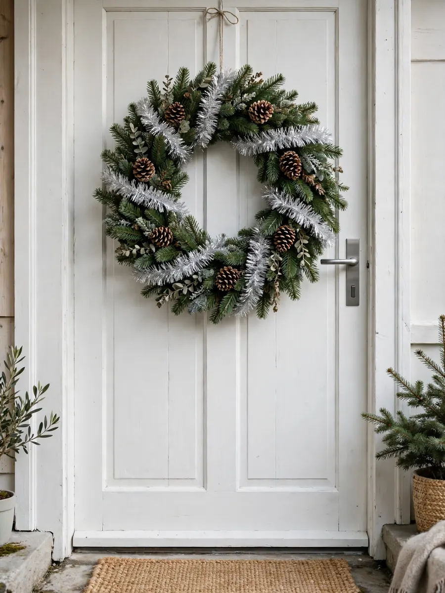 A Nordic style large 36 inch Christmas wreath of natural pine with fine silver tinsel tiers on a white Scandinavian door