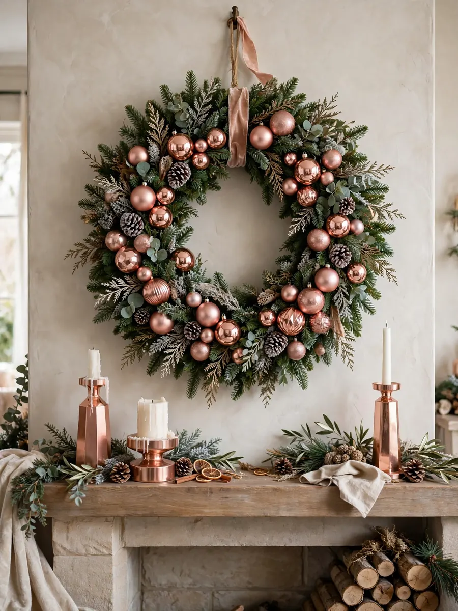 Christmas wreath with rose gold ornaments above a mantel with rose gold candle holders
