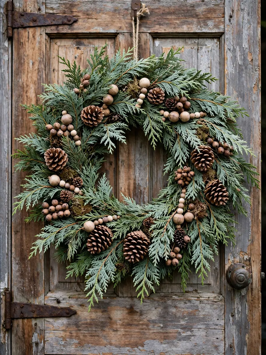 A large rustic Christmas wreath of cedar branches with natural baubles and pinecones on a wooden door