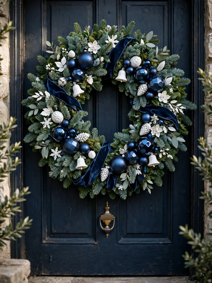A large Christmas wreath with midnight sapphire blue ornaments and white porcelain accents on a door