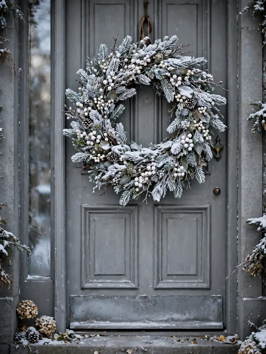 A large snowy flocked twig Christmas wreath with white berries on a grey winter door