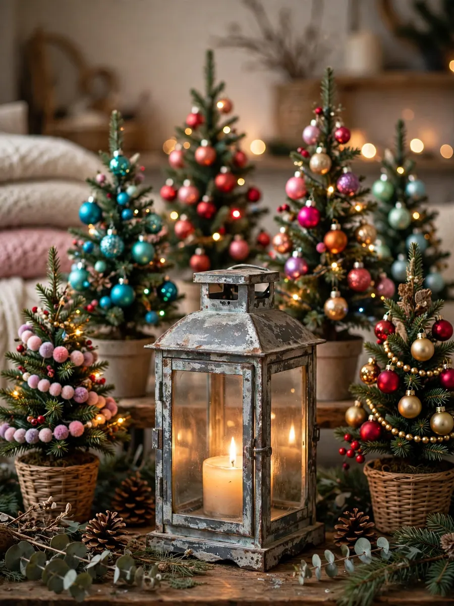 Distressed Zinc Lantern Decor idea for Colored Christmas Trees