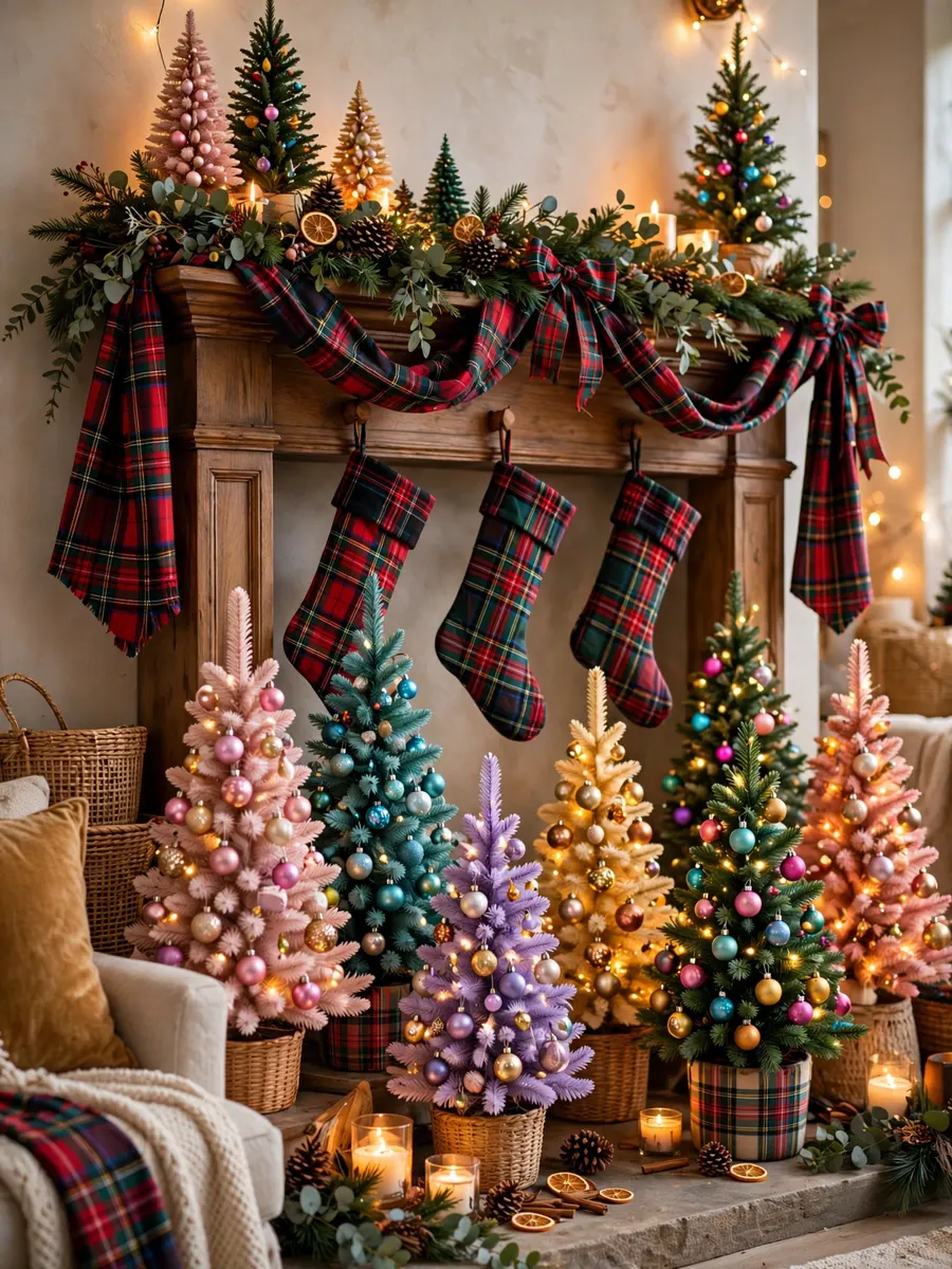 Tartan Plaid Mantel Accents idea for Colored Christmas Trees