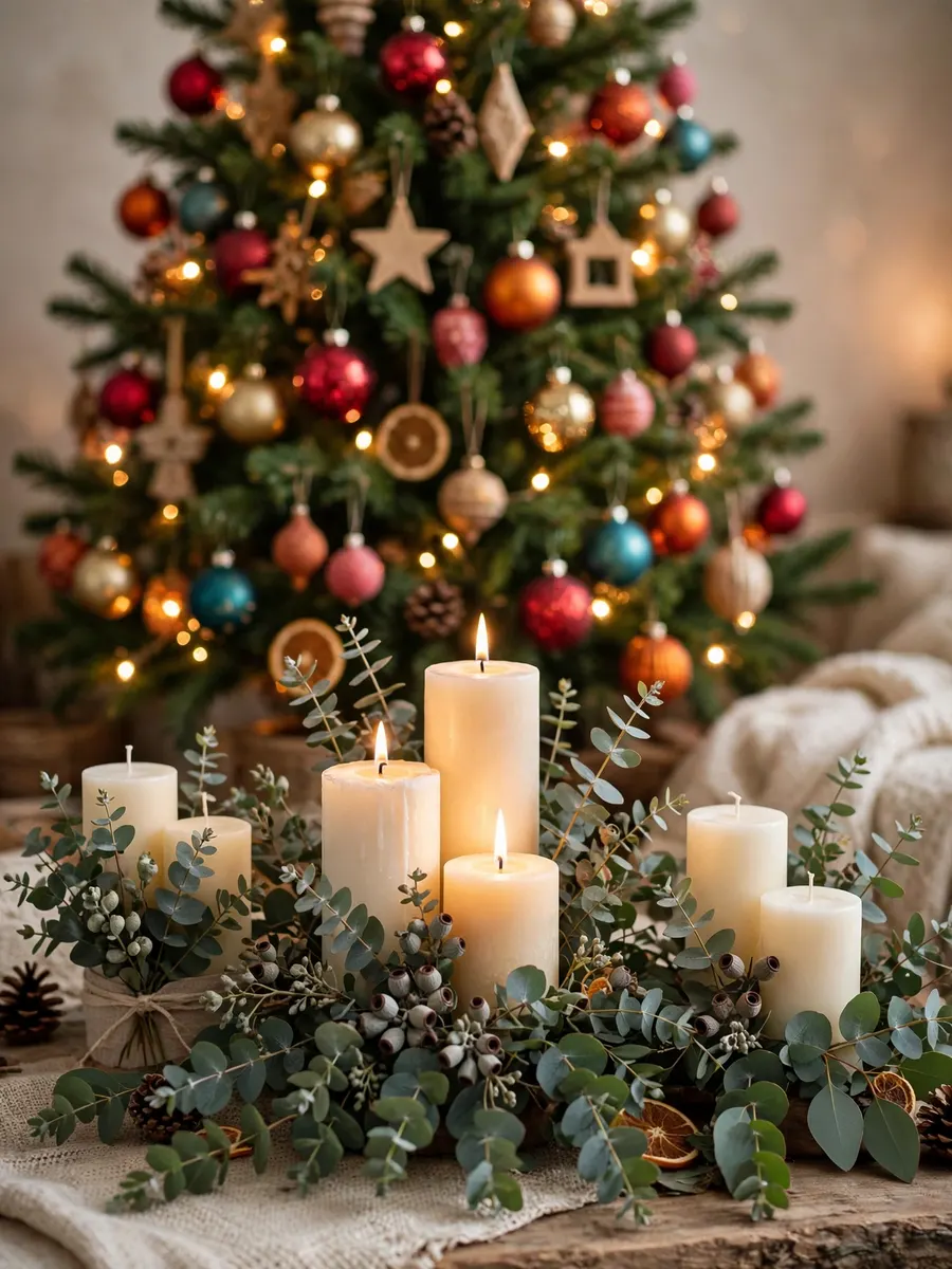 Eucalyptus Spray Candle Clusters idea for Colorful Christmas Tree