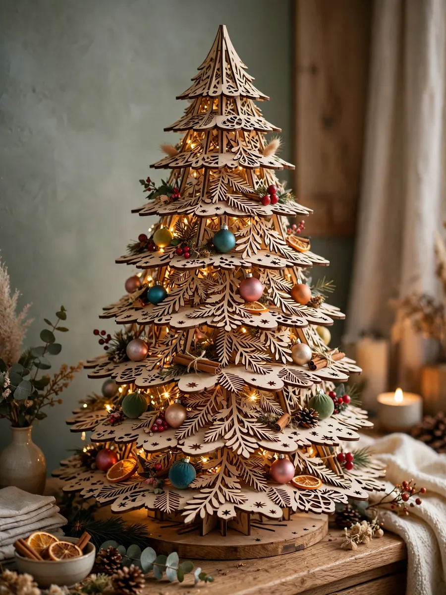Laser-Cut Wood Bough Tiers idea for Colorful Christmas Tree