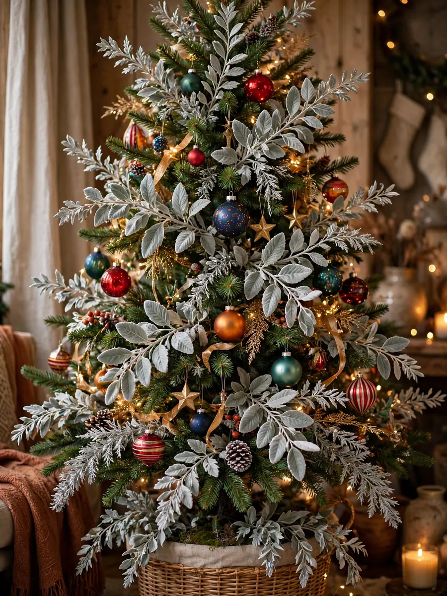 Silver Leaf Branch Arrangements idea for Colorful Christmas Tree