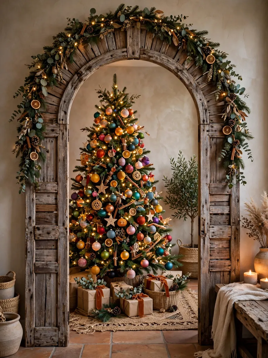Weathered Teak Arch Styling idea for Colorful Christmas Tree