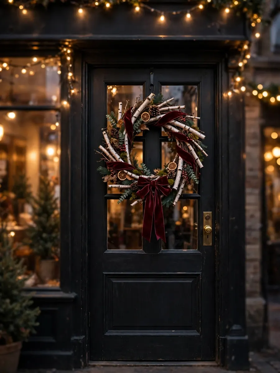 Birch twig and velvet Christmas wreath on a storefront door with warm evening lights