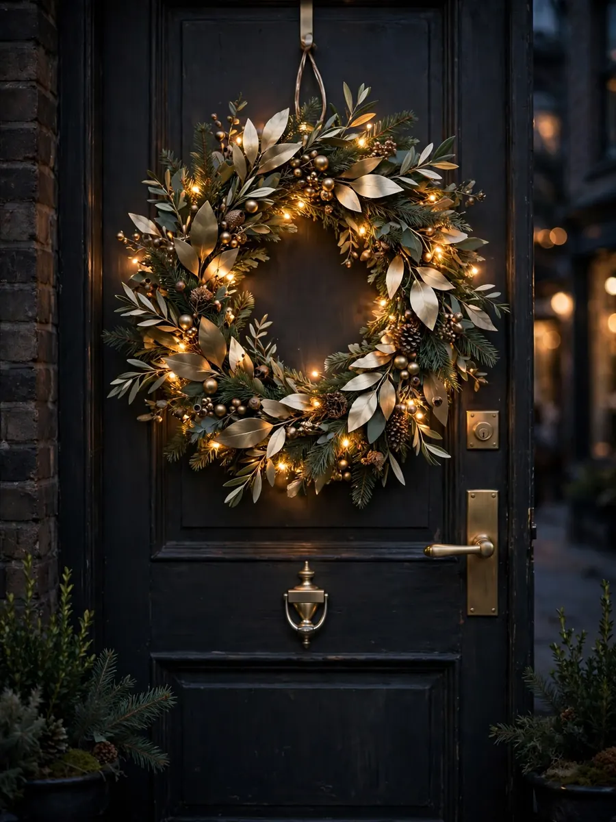 Brushed brass and fairy light Christmas wreath glowing on a boutique door in the evening