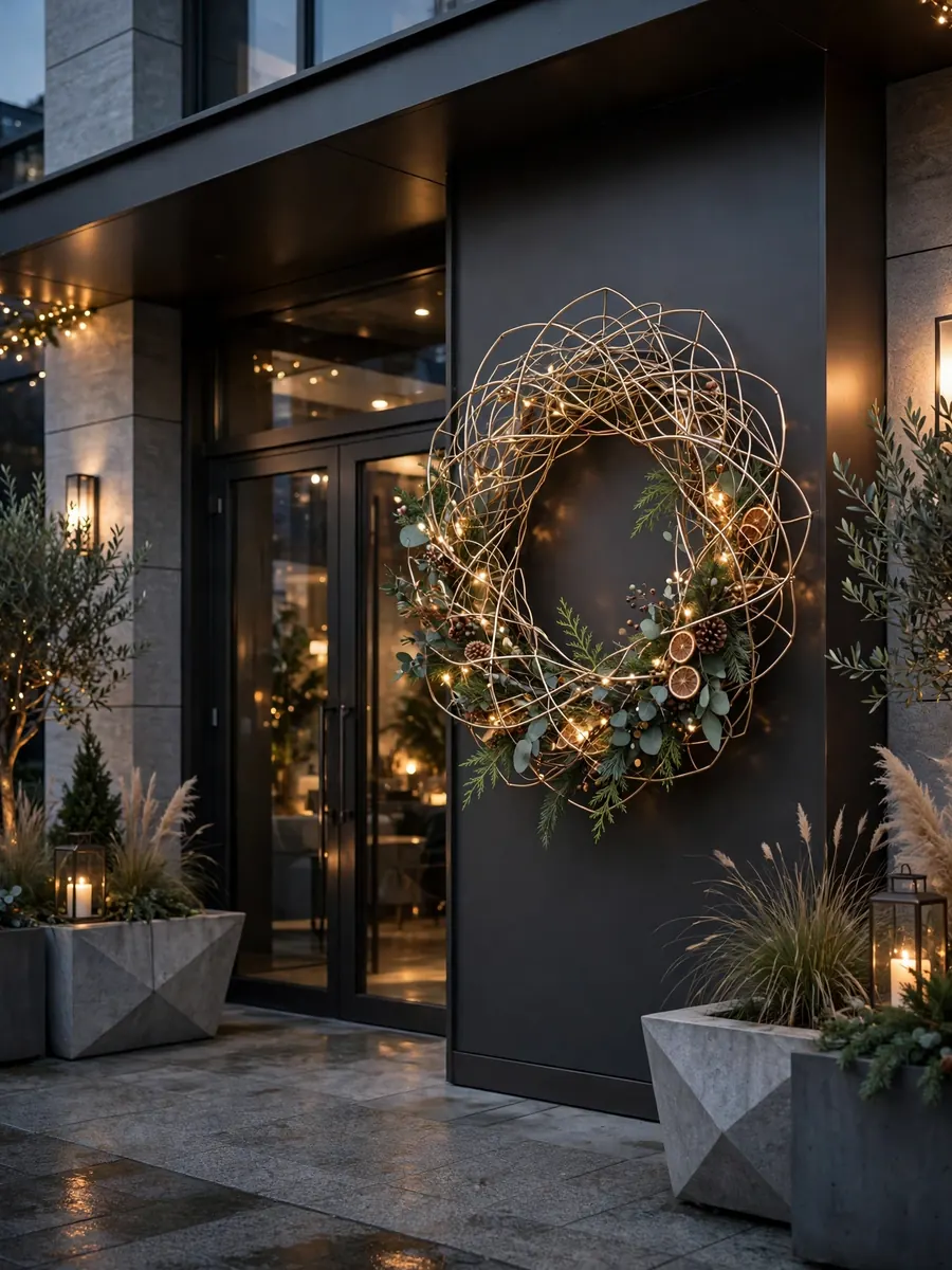 Champagne bronze wire wreath sculpture at a modern commercial building entrance