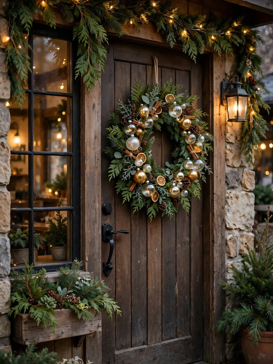 Rustic cedar and glass ornament wreath on the door of a festive cafe