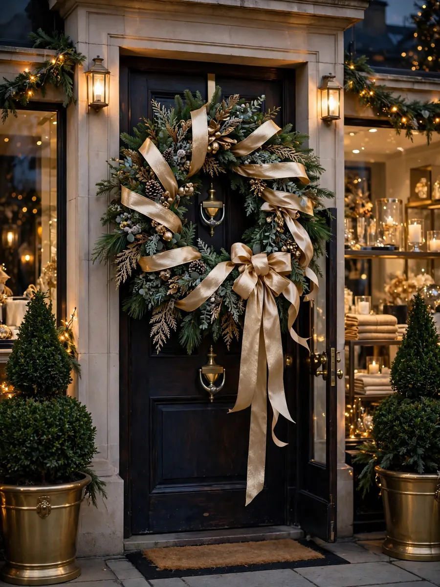 Champagne gold ribbon styling on a large Christmas wreath at a luxury shop entrance