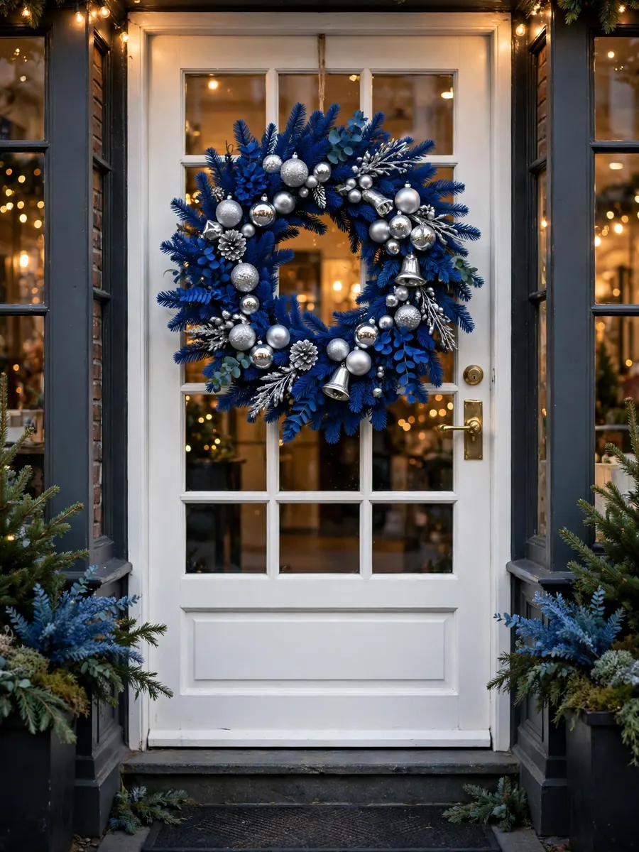 Cobalt blue branch Christmas wreath on a bright storefront door with silver ornaments