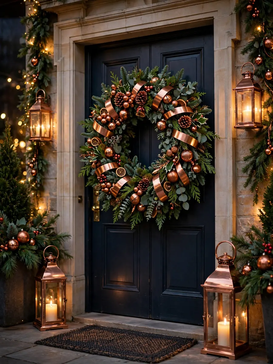 Commercial Christmas wreath with polished copper accents and lanterns at a hotel entrance