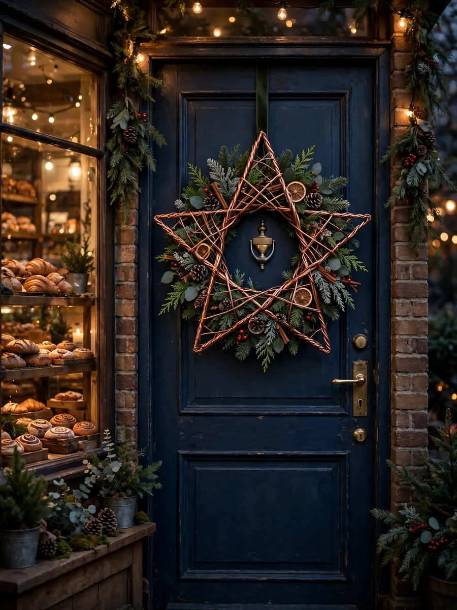 Spun copper star Christmas wreath on the door of a festive bakery at dusk