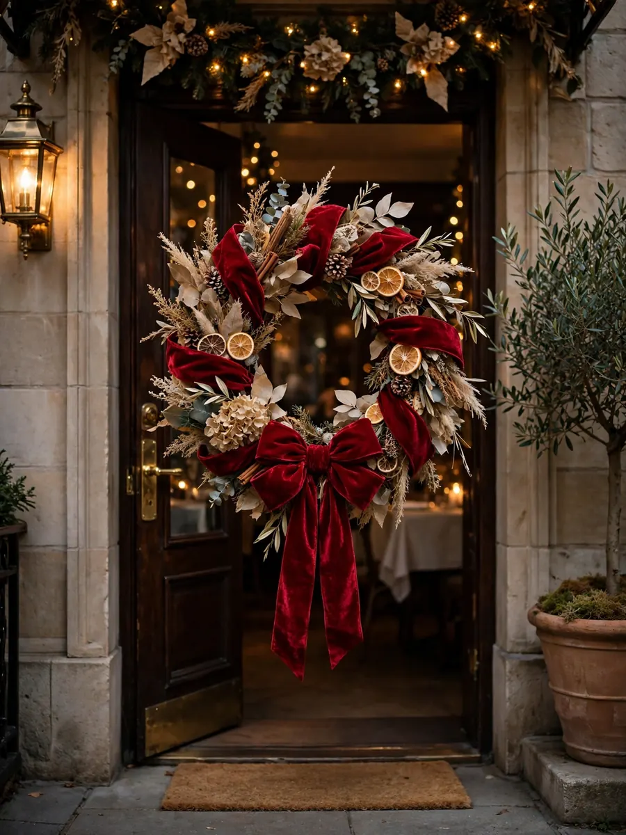 Crimson velvet and parchment toned Christmas wreath at an elegant restaurant entrance