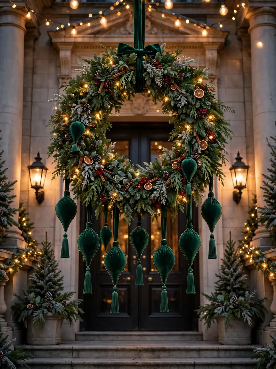 Emerald velvet pendant ornaments on an oversized Christmas wreath at a grand building entrance